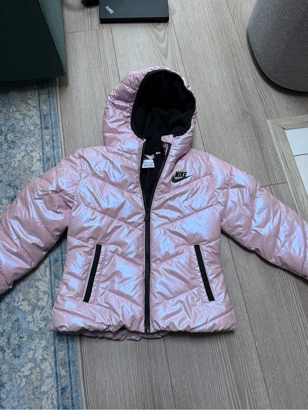 Nike kids girls pink iridescent winter puffer coat black fleece lining